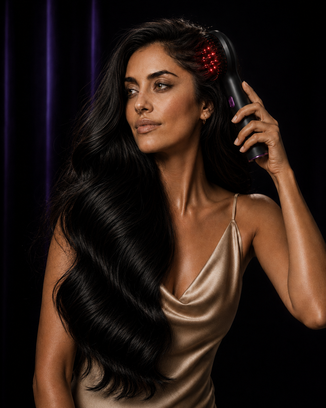 Woman using SCALPA red light scalp therapy brush near the scalp