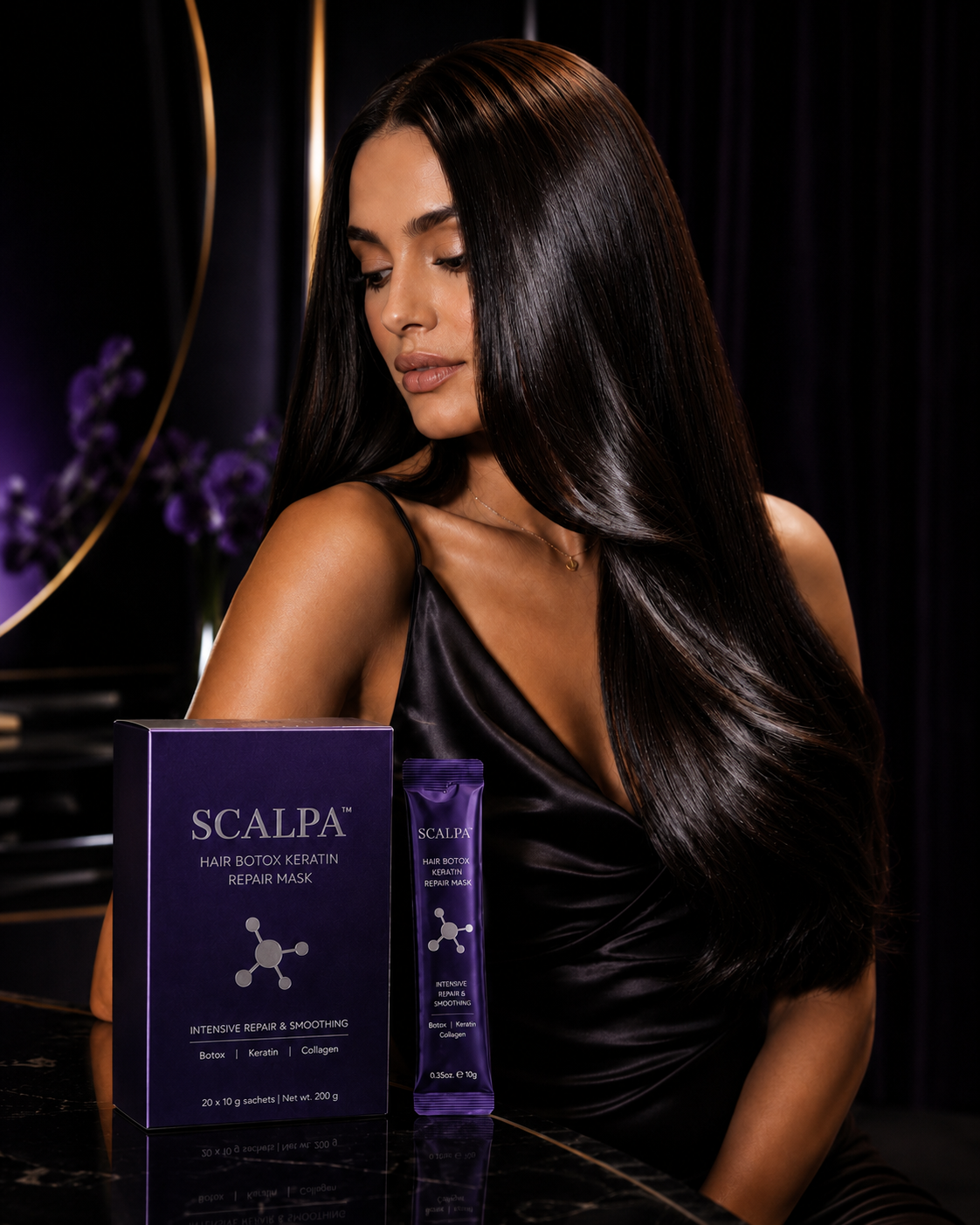 Glossy hair with SCALPA Hair Botox Keratin Repair Mask deep violet box and one 10g sachet