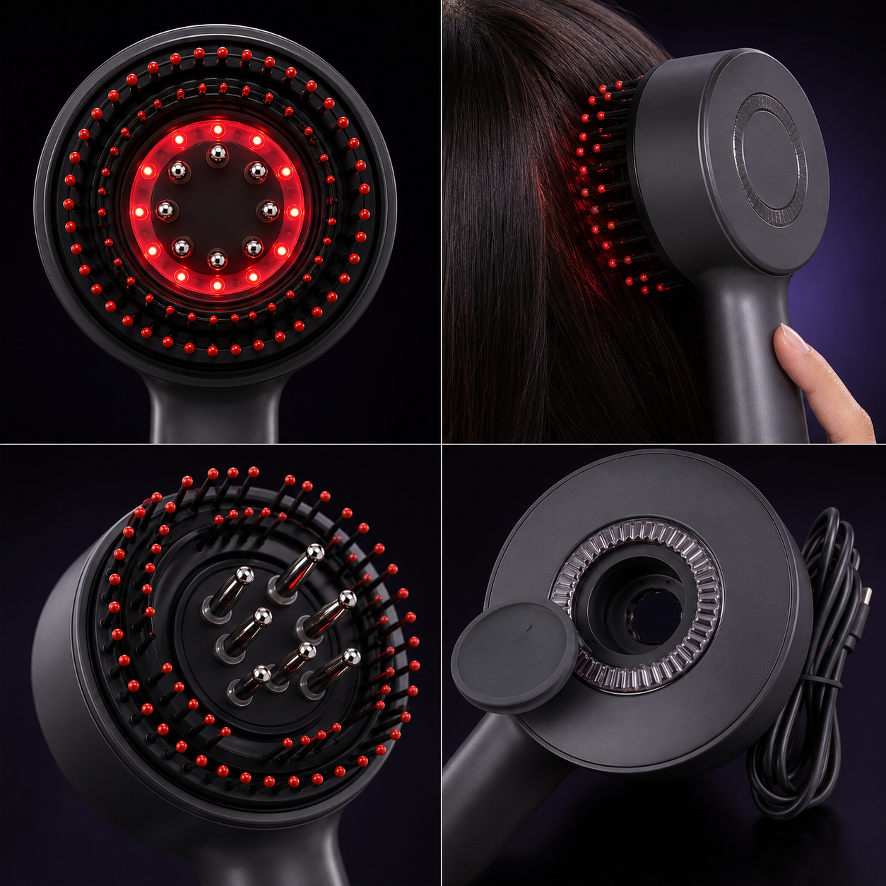 SCALPA brush technology image showing LEDs, massage system and serum reservoir