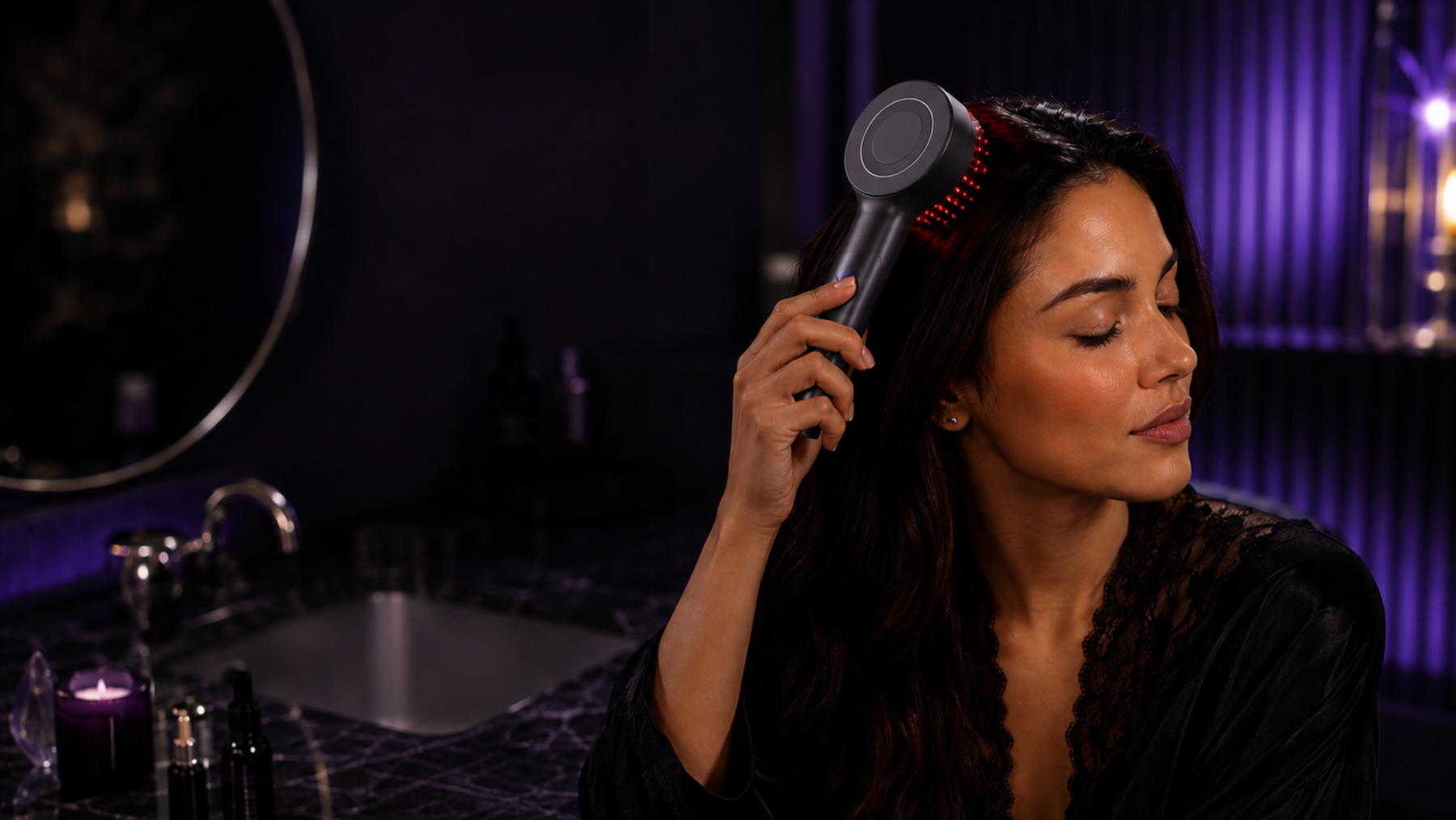 Full-width luxury bathroom image with woman using the SCALPA brush